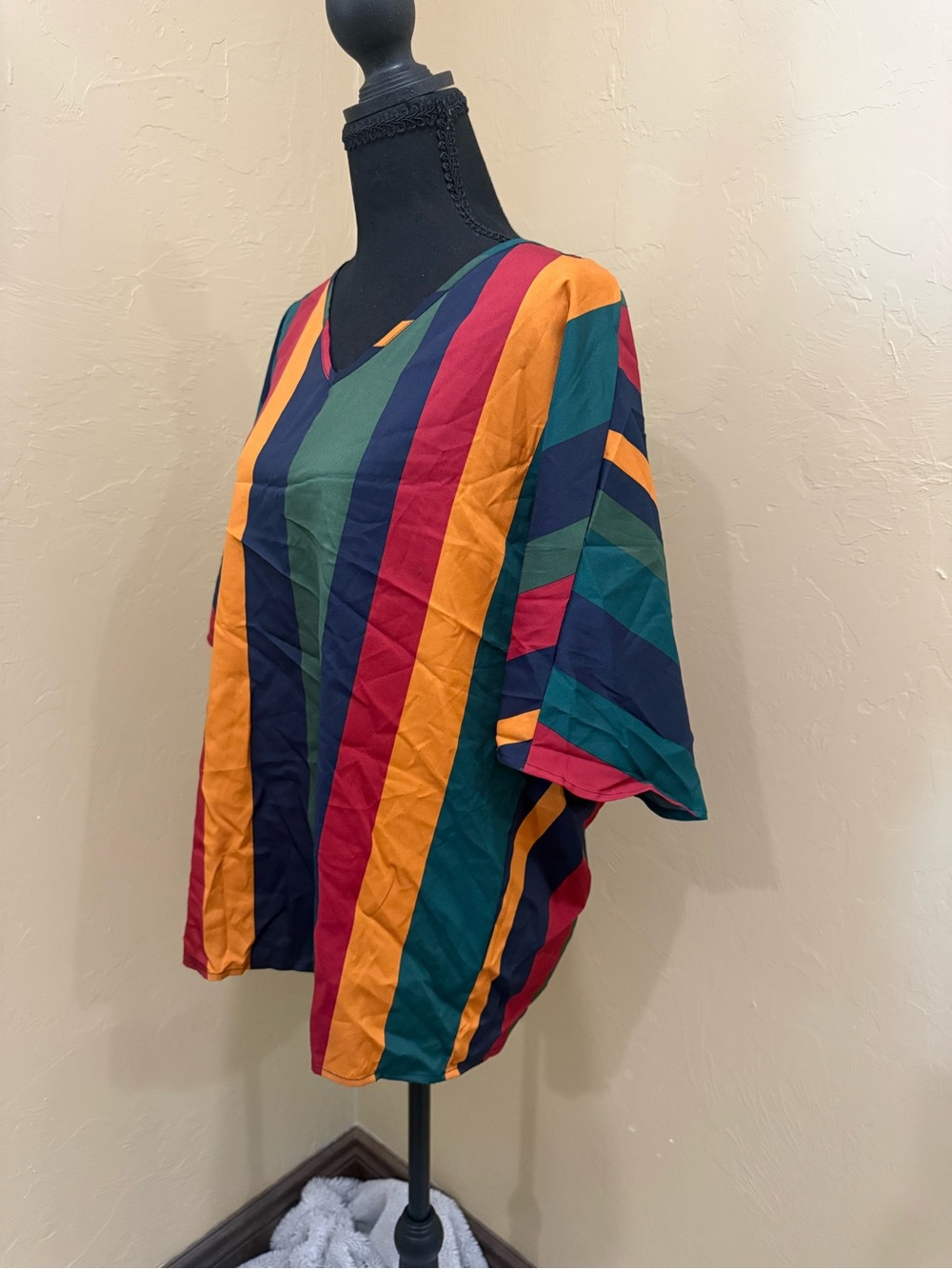 SHEIN Multicolor Striped V-Neck Top in Green, Yellow, Red, Navy